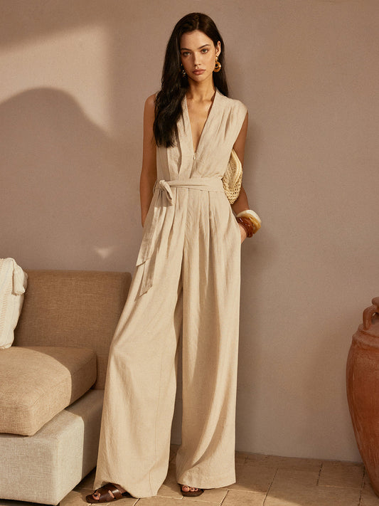 Jumpsuit met riem en V-hals